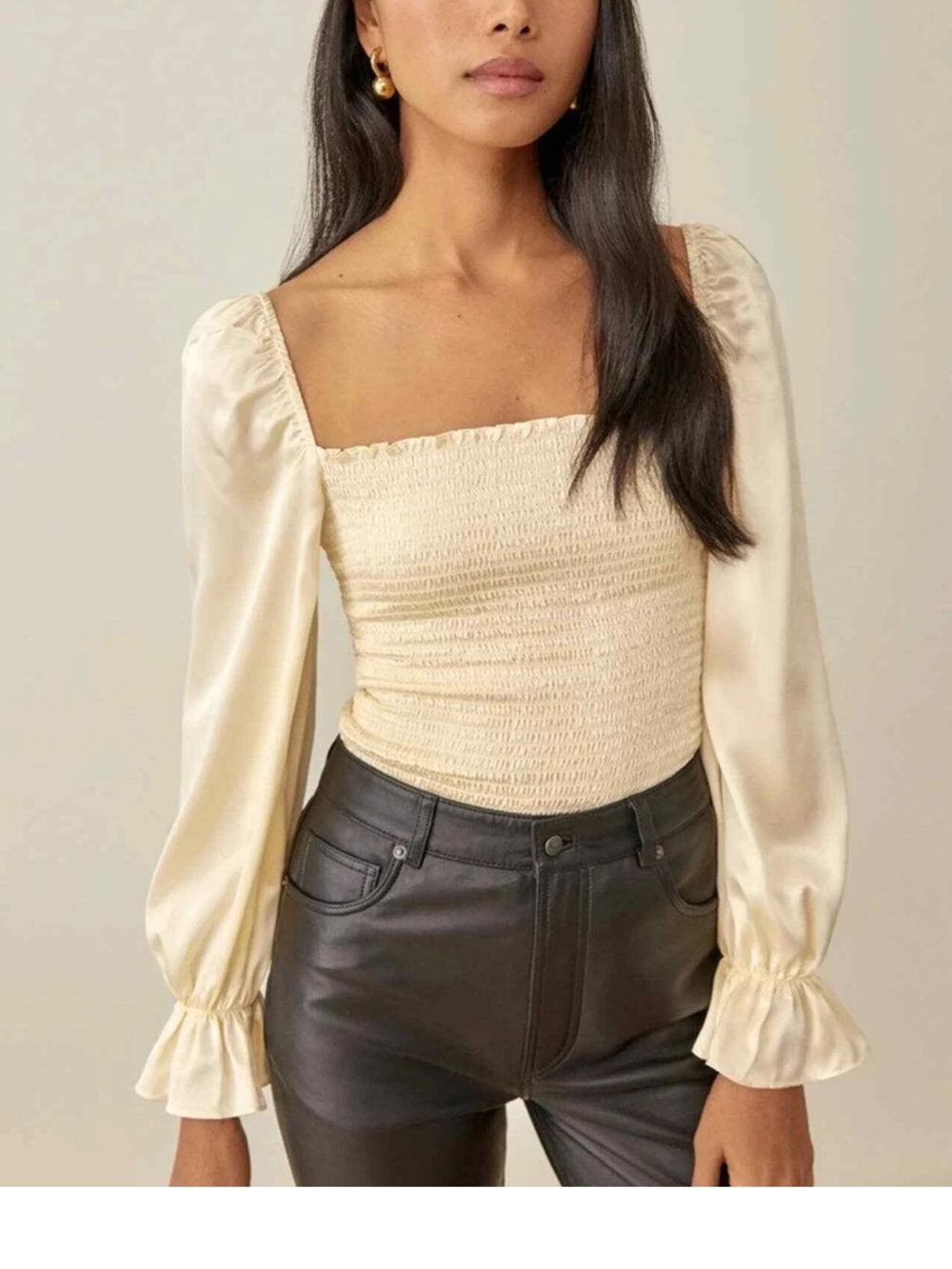 Reformation Chamomile top Smocked Square-Neck Satin puffed Sleeve romantic S